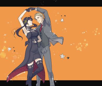  1boy 1girl absurdres black_boots black_border black_dress black_gloves black_hair blonde_hair boots border breasts collared_shirt dancing dated dress dress_pants dress_shirt earrings floral_print floral_print_dress flower formal_clothes full_body gloves gold_earrings gold_hairband grey_jacket grey_pants grey_suit grey_vest hair_flower hair_ornament hairband hetero high-low_dress highres holding husband_and_wife jacket jewelry lapels letterboxed long_hair long_sleeves looking_at_another medium_breasts necktie open_mouth orange_background pants pocket print_dress red_dress red_eyes red_necktie rose shirt short_hair sidelocks smile spy_x_family star_(symbol) suit suit_jacket takehide thigh_boots twilight_(spy_x_family) twitter_username two-sided_bow two-sided_dress two-sided_fabric two-tone_background updo vest waistcoat white_shirt yellow_flower yellow_hairband yellow_rose yor_briar 