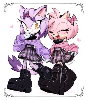  2girls amy_rose animal_ears black_boots blaze_the_cat boots bow cardigan cat_ears cat_girl cat_tail closed_eyes commentary english_commentary fishnet_thighhighs fishnets flower forehead_jewel furry furry_female hair_bow heart highres holding_hands kiioki11 multiple_girls open_mouth pink_bow pink_cardigan pink_flower purple_cardigan purple_fur simple_background skirt smile sonic_(series) tail thighhighs yellow_eyes 