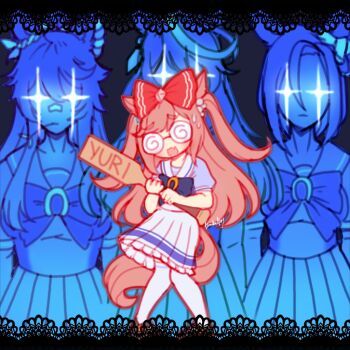  +_+ 4girls agnes_digital_(umamusume) air_groove_(umamusume) animal_ears border bow bowtie coke-bottle_glasses commentary confessions_of_a_rotten_girl_(vocaloid) drachen_ivy english_commentary fang feet_out_of_frame glasses hair_bow himejoshi holding holding_paddle horse_ears horse_girl horse_tail lace lace_border long_hair multiple_girls narita_brian_(umamusume) open_mouth ornate_border paddle pink_hair pleated_skirt puffy_short_sleeves puffy_sleeves purple_bow purple_bowtie purple_shirt red_bow school_uniform shirt short_sleeves skin_fang skirt summer_uniform symboli_rudolf_(umamusume) tail thighhighs tracen_school_uniform two_side_up umamusume white_skirt white_thighhighs yaoi_paddle 