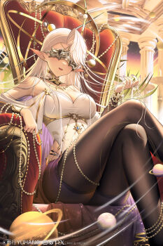  1girl arm_rest artist_name bare_shoulders beads bilibili_logo black_pantyhose blue_gemstone blush breasts chair cleavage collarbone commentary_request covered_eyes crossed_legs dress eye_mask facing_ahead fingernails gem gold gold_halo gold_trim gradient_sky hair_over_one_eye halo hand_up head_tilt highres holding holding_jewelry jewelry large_breasts light_particles long_fingernails long_hair mask nail_polish night night_sky on_chair open_mouth original pantyhose pillar pixiv_logo pixiv_username planet plant pointy_ears purple_nails short_shorts shorts single_hair_intake sitting sitting_on_throne sky smile solo star_(sky) starry_sky thighs throne twitter_x_logo very_long_hair watermark weibo_watermark white_dress white_hair yellow_sky yuxing_yuhang 