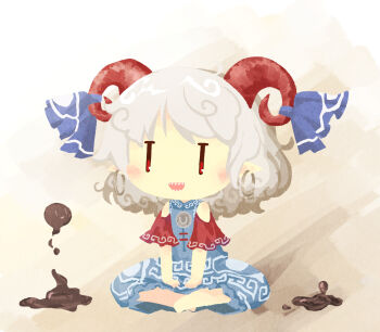  1girl :d akihiyo bare_shoulders barefoot blue_dress blue_ribbon chibi chibi_only commentary_request dress earrings fangs goat_horns grey_background grey_hair highres hoop_earrings horn_ornament horn_ribbon horns indian_style jewelry medium_hair open_mouth petroleum pointy_ears red_eyes red_sleeves ribbon sitting smile solo touhou toutetsu_yuuma |_| 