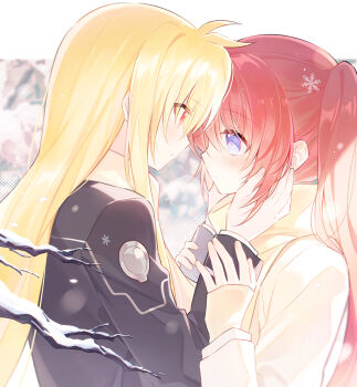  2girls black_jacket blonde_hair blush commentary_request eye_contact fate_testarossa hand_on_another's_face highres jacket long_hair looking_at_another lyrical_nanoha multiple_girls parted_lips purple_eyes red_eyes red_hair shiyoi snowflakes sweater takamachi_nanoha turtleneck turtleneck_sweater yellow_sweater yuri 