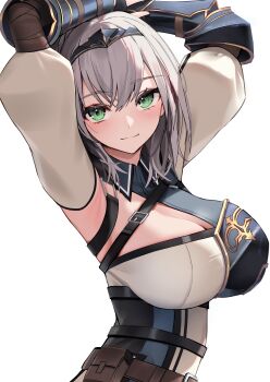  1girl absurdres armor armored_dress armpit_peek arms_up belt belt_pouch braid breasts brown_belt chest_guard chest_harness cleavage_cutout closed_mouth clothing_cutout collared_dress double-parted_bangs dress green_eyes grey_hair hairband harness highres hololive large_breasts leather_belt looking_at_viewer pauldrons pouch puffy_sleeves shirogane_noel shirogane_noel_(1st_costume) short_hair shoulder_armor side_braid simple_background single_pauldron smile solo tabard thomas_8000 virtual_youtuber white_background 