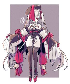  1girl black_hat black_leotard black_sleeves black_thighhighs breasts closed_mouth commentary_request detached_sleeves expressionless eyebrows_hidden_by_hair full_body gluteal_fold groin hat highleg highleg_leotard highres hisui_(syarute) jiangshi leotard long_hair looking_at_viewer okobo one_eye_covered original platform_sandals red_eyes sandals small_breasts solo spoken_egg thighhighs twintails very_long_hair white_hair 