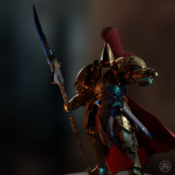  1boy adeptus_custodes armor bad_link cloak engraved_armor gold_armor gorget guardian_spear highres holding holding_polearm holding_weapon holster joazzz2 pauldrons pointing polearm power_armor red_cloak red_eyes red_plume scabbard sheath shoulder_armor simple_background warhammer_40k weapon 