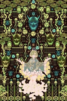  1girl absurdres arrow_(projectile) boku_(isizakitakasi) breasts bright_pupils bug cloud commentary_request disembodied_eye dress frilled_dress frills green_dress green_eyes green_hair green_theme hannya hat highres large_breasts lightning long_sleeves looking_at_viewer mask medium_hair noh_mask ofuda ofuda_on_clothes skull soga_no_tojiko solo tate_eboshi tomoe_(symbol) touhou white_pupils wide_sleeves 