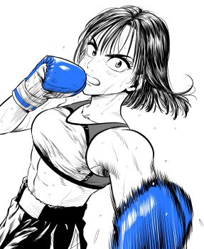  1girl abs boxing boxing_gloves boxing_shorts breasts commentary_request constricted_pupils flying_sweatdrops greyscale hatching_(texture) highres lee_(dragon_garou) linea_alba medium_breasts midriff monochrome motion_lines mouth_guard original punching serious short_hair shorts solo sports_bra spot_color sweat very_sweaty 