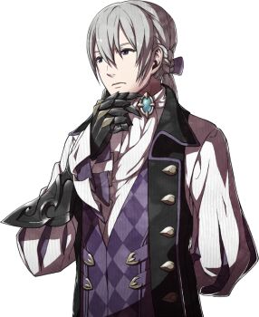  1boy arm_behind_back artist_request butler closed_mouth cowboy_shot fire_emblem fire_emblem_fates gauntlets grey_eyes grey_hair hand_on_own_chin jakob_(fire_emblem) long_hair looking_ahead low_ponytail male_focus nintendo nohrian_butler_uniform official_art ponytail simple_background solo standing third-party_source transparent_background 