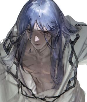  1boy azrael_(grand_assassin)_(fate) bags_under_eyes black_eyes blue_hair colored_skin commentary_request dark-skinned_male dark_skin facial_scar fate/grand_order fate_(series) grey_skin haemooowo hair_between_eyes hair_ornament korean_commentary long_hair looking_at_viewer male_focus pectorals robe scar scar_on_cheek scar_on_chest scar_on_face scar_on_neck simple_background solo torn_clothes torn_robe upper_body white_background 