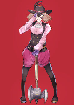  1girl absurdres axe belt black_belt black_feathers black_hat black_mask black_shoes breasts brown_hair closed_eyes feathers fluffy_hair full_body gloves handkerchief hat hat_feather highres holding holding_axe long_sleeves mask okumura_haru pantyhose persona persona_5 purple_gloves red_background red_shorts shoes short_hair shorts signature simple_background smile solo yoka_(103xp) 