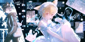  >_< 2boys absurdres alternate_costume animal_ear_fluff animal_ears animal_hat aotu_world bag bare_shoulders bell bespectacled black_hair black_hat black_hoodie black_jacket black_pants blonde_hair blue_bow blue_eyes blue_ribbon blush bow camil_(aotu_world) cat_hat chinese_commentary choker commentary_request crossdressing crossdressing_(mtf) detached_sleeves drawstring dress english_text frilled_dress frilled_hairband frills glasses hair_between_eyes hair_ribbon hairband hat highres holding holding_microphone hood hood_down hoodie implied_yaoi jacket king_(aotu_world) kneehighs knees_up lolita_hairband long_sleeves looking_at_another looking_at_viewer microphone multiple_boys multiple_views off-shoulder_dress off_shoulder open_mouth pants paper parted_lips photo_(object) plutoray pointy_ears puffy_short_sleeves puffy_sleeves rabbit ribbon semi-rimless_eyewear shirt short_hair short_sleeves shoulder_bag sitting socks sparkle standing star_(symbol) trap under-rim_eyewear watermark white_choker white_dress white_shirt white_sleeves white_socks 