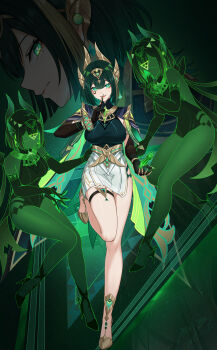  1girl absurdres ancient_egyptian_clothes black_gloves bracelet breasts claw_ring dress ear_covers elbow_gloves facial_mark fangs full_body gem genshin_impact gloves green_eyes green_gemstone green_hair hairband headgear high_heels highres index_finger_raised jewelry large_breasts looking_at_viewer mole mole_under_eye multiple_persona multiple_views nefer_(genshin_impact) open_mouth projected_inset qi_xuan short_hair sideways_glance smile standing standing_on_one_leg thigh_strap 