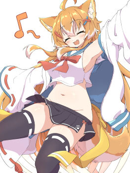  1girl ^_^ ahoge animal_ear_fluff animal_ears arm_up armpits black_skirt black_thighhighs blue_sailor_collar bow bowtie breasts closed_eyes cropped_shirt eighth_note fang groin hair_between_eyes hair_ornament hairclip highres jacket jacket_partially_removed light_blush long_hair medium_breasts miniskirt multicolored_hair musical_note navel no_panties open_clothes open_jacket open_mouth orange_hair original outstretched_arms pleated_skirt red_bow red_bowtie red_ribbon ribbon ribbon-trimmed_sleeves ribbon-trimmed_thighhighs ribbon_trim sailor_collar shirt side_slit sidelocks simple_background skin_fang skirt sleeveless sleeveless_shirt sleeves_past_fingers sleeves_past_wrists smile solo standing standing_on_one_leg tail thighhighs toramaru2001710 two-tone_hair very_long_hair white_background white_hair white_jacket white_shirt wide_sleeves x_hair_ornament yellow_bow zettai_ryouiki 