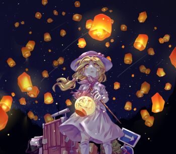  1girl backpack bag bai_he blonde_hair box crying crying_with_eyes_open dress happy_tears hat hat_ornament holding holding_lantern lantern long_hair looking_up louise_(touhou) neckerchief night night_sky open_mouth paper_lantern ribbon road_sign rolling_suitcase short_hair short_sleeves sign skirt sky solo suitcase tears touhou touhou_(pc-98) vacation yellow_eyes 