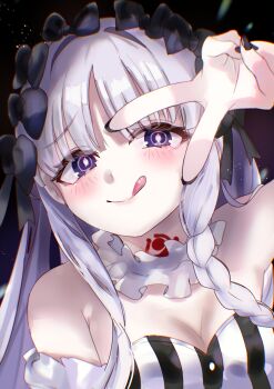  1girl absurdres bare_shoulders black_bow blush bow braid breasts cleavage collar command_spell commentary_request detached_sleeves dress fate/strange_fake fate_(series) francesca_prelati_(fate) frilled_collar frills grey_hair hair_bow highres klash licking_lips long_hair looking_at_viewer medium_breasts neck_tattoo parted_bangs purple_eyes ringed_eyes sidelocks smile solo striped_clothes striped_dress tattoo tongue tongue_out v very_long_hair white_dress 