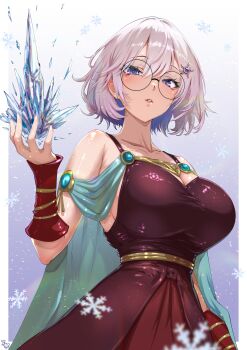 1girl absurdres aqua_cape blue_eyes blue_hair breasts cape cleavage colored_inner_hair commission commissioner_insert dress highres holding_ice ice large_breasts magic medium_hair momoyama_tits multicolored_hair original red_dress round_eyewear skeb_commission sleeveless sleeveless_dress snowflakes solo upper_body white_hair rating:Sensitive score:9 user:danbooru