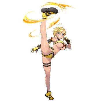  1girl aura bikini black_gloves blonde_hair blue_eyes bouncing_breasts breasts clenched_hand clenched_teeth dark-skinned_female dark_skin dolphin_wave elbow_gloves fingerless_gloves full_body game_cg gloves gluteal_fold groin high_kick highres kicking large_breasts looking_at_viewer multicolored_gloves murahaya_mashio navel non-web_source official_art ootomo_takuji shoes short_hair single_elbow_glove smile solo standing standing_on_one_leg swept_bangs swimsuit teeth thigh_strap transparent_background two-tone_gloves underboob yellow_bikini yellow_gloves yellow_shoes 