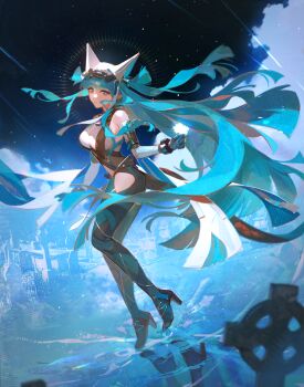  1girl absurdres animal_ear_headwear aqua_hair arknights arknights:_endfield bare_shoulders black_bodysuit blue_bodysuit bodysuit breasts bright_pupils cleavage cleavage_cutout closed_mouth clothing_cutout commentary elodeas fake_animal_ears full_body high_heels highres large_breasts last_rite_(arknights) legwear_cutout long_hair looking_at_viewer multicolored_bodysuit night night_sky pointy_ears reflection sky solo very_long_hair white_bodysuit white_pupils 