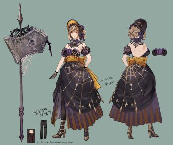  1girl armor artist_request back_ribbon black_bonnet black_dress black_gloves black_pantyhose black_ribbon bonnet breasts brown_dress brown_hair brown_shoes commentary commentary_request concept_art detached_sleeves dress english_commentary fishnet_gloves fishnets frilled_bonnet frills frown full_body gem gloves gown green_background grey_eyes hair_bun hair_rings halberd halloween halloween_costume hand_on_own_hip high_heels highres king's_raid korean_commentary korean_text large_ribbon layered_dress long_hair medium_breasts mixed-language_commentary multicolored_dress multiple_views official_alternate_costume official_art orange_bonnet orange_ribbon pantyhose pearl_(gemstone) polearm priscilla_(king's_raid) puffy_detached_sleeves puffy_sleeves purple_dress purple_sleeves ribbon second-party_source shoes short_sleeves shoulder_armor side_slit single_hair_bun skull spider_web_print strapless strapless_dress tombstone translation_request turnaround veil weapon 