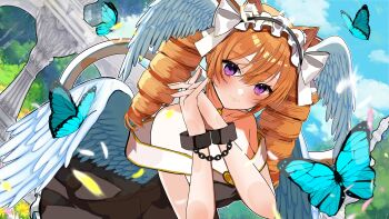  1girl 2026 4others architecture blonde_hair blue_butterfly butterfly ear_wings grass indie_virtual_youtuber low_wings multiple_others purple_eyes sylatria tree usahana101 wings  rating:Sensitive score:1 user:tyciol