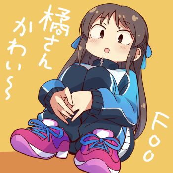  1girl blue_ribbon blush brown_eyes brown_hair commentary_request hair_ribbon highres hugging_own_legs idolmaster idolmaster_cinderella_girls jacket long_hair long_sleeves looking_at_viewer open_mouth orange_background own_hands_together pants pink_shoes ribbon shoes simple_background sitting sneakers solo tachibana_arisu taru_haru translation_request zipper_pull_tab 