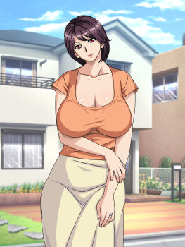  1girl breasts brown_hair cleavage female_focus gaden house huge_breasts jewelry looking_at_viewer mature_female original red_eyes ring short_hair solo wedding_band  rating:Sensitive score:108 user:danbooru