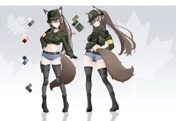 1girl absurdres animal_ears aviator_glasses baseball_cap bikini black_bikini black_thighhighs breasts brown_hair cadpat callisto_(greyeth) canadian_flag commission cropped_jacket dog_tags fox_ears fox_tail glasses hand_on_own_hip hat highleg highleg_bikini highres holster knee_pads large_breasts looking_at_viewer midriff multicolored_hair multiple_views original reference_sheet second-party_source short_shorts shorts smile streaked_hair swimsuit tail thigh_holster thighhighs z.taiga 
