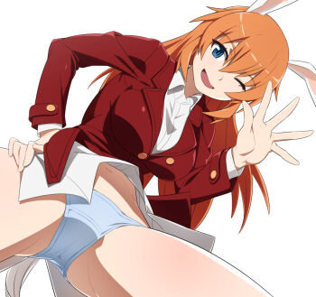  1girl blue_eyes breasts charlotte_e._yeager crotch hand_on_own_hip large_breasts long_hair looking_at_viewer nanashino navel one_eye_closed open_mouth orange_hair panties rabbit_ears rabbit_tail simple_background smile solo strike_witches underwear white_background white_panties wink world_witches_series  rating:Sensitive score:12 user:tanaab1234567890