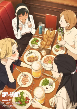 4girls absurdres alcohol beer beer_mug blush bread_bun camilla_(spy_x_family) chicken_(food) crying cup drinking_glass drunk food fork highres holding holding_cup knife meat menu millie_(spy_x_family) mug multiple_girls mushroom official_art olive pasta plate restaurant salad sauce sharon_(spy_x_family) spy_x_family tomato tomato_slice yor_briar 