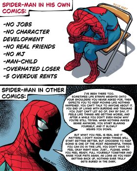  1boy absurdres animal_print bodysuit english_text highres male_focus marvel meme multicolored_bodysuit peter_parker pizza990 print_bodysuit red_bodysuit shinji_in_a_chair_(meme) solo speech_bubble spider-man spider-man_(series) spider_print spider_web_print superhero_costume two-tone_bodysuit 