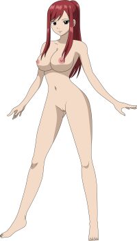  1girl absurdres alternate_hairstyle armpit_crease arms_at_sides barefoot breasts brown_eyes cleft_of_venus collarbone completely_nude curvy erza_scarlet eyelashes fairy_tail feet female_focus fingernails full_body gluteal_fold hair_over_breasts high_ponytail highres knees large_breasts legs light_smile lionprideart long_hair long_sidelocks looking_at_viewer navel neck nipples nude nude_filter official_art_nude_filter outstretched_arm ponytail pussy red_hair sidelocks standing swept_bangs thighs third-party_edit tiptoes toenails toes transparent_background wide_hips 