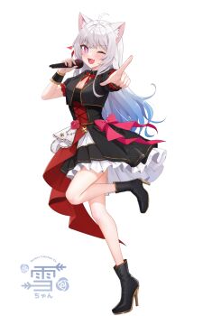  1girl animal_ear_fluff animal_ears black_dress black_jacket blue_hair blush breasts cleavage commentary cropped_jacket dress fang fox_ears fox_girl full_body gradient_hair grey_hair highres idol jacket medium_breasts multicolored_hair one_eye_closed open_mouth original oshi_no_ko otter_paw_(otter696969) pointing pointing_at_viewer skin_fang solo standing standing_on_one_leg two-tone_hair 