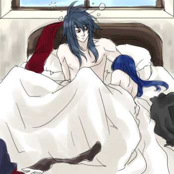  1boy 1girl assassin_cross_(ragnarok_online) bed blanket blue_hair brown_thighhighs closed_mouth commentary_request eremes_guile hetero indoors long_hair morning_after on_bed pillow priest_(ragnarok_online) ragnarok_online red_eyes red_scarf scarf sleeping squeans thighhighs topless_female topless_male toriria unworn_scarf unworn_thighhighs upper_body 