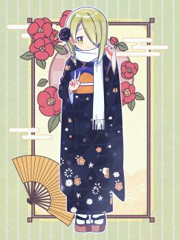  1girl absurdres black_kimono blush braid bright_pupils brown_sandals closed_mouth commentary_request full_body green_background green_eyes green_hair hair_over_one_eye hands_up highres japanese_clothes kimono long_sleeves looking_at_viewer magia_record:_mahou_shoujo_madoka_magica_gaiden mahou_shoujo_madoka_magica miyabi_shigure obi okobo orange_sash outline platform_sandals ruru_(rurumagi) sandals sash scarf short_hair single_braid smile socks solo standing striped_background tabi twitter_username v vertical-striped_background white_outline white_pupils white_scarf white_socks wide_sleeves 