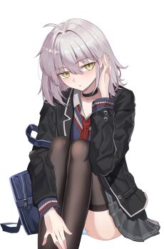  1girl absurdres ahoge bag black_jacket choker collarbone commentary_request ear_piercing fate/grand_order fate_(series) highres jacket jeanne_d'arc_alter_(fate) kaworu13 looking_at_viewer necktie panties piercing school_uniform short_hair shoulder_bag sitting skirt sweater thighhighs thighs underwear white_hair white_panties yellow_eyes 