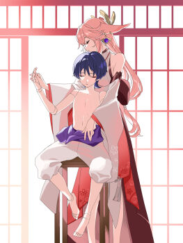  1boy 1girl animal_ears armpit_crease bare_shoulders barefoot behind_another breasts closed_eyes closed_mouth clothes_down commentary_request detached_sleeves doll_joints earrings eyelashes facing_down facing_to_the_side floral_print_sleeves fox_ears gem genshin_impact gold_earrings hand_on_own_stomach hand_up highres holding_hands indoors jewelry joints large_breasts layered_sleeves long_hair low-tied_long_hair momonga_damon navel nontraditional_miko pants pectorals pink_hair pink_sleeves purple_gem scaramouche_(genshin_impact) sidelocks sitting sliding_doors standing stool topless_male unconscious white_pants wide_sleeves wooden_stool yae_miko 