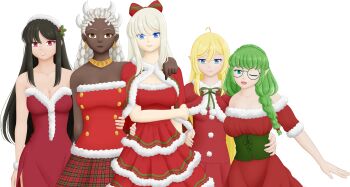  5girls absurdres ahoge arm_around_shoulder arm_around_waist bare_shoulders black_hair blonde_hair blue_eyes bow braid breasts brown_eyes capelet christmas christmas_outfit cleavage closed_mouth commission commissioner_upload corset costume dark-skinned_female dark_skin dress earrings elf euphemy_sylvaine everyone flat_chest fur-trimmed_capelet fur-trimmed_dress fur_trim glasses green_eyes green_hair hair_bow hair_ornament hand_on_another's_hip hand_on_another's_shoulder hand_on_another's_waist highres hong_mei_ling_(ways_of_darkness) horns jewelry large_breasts long_hair looking_at_viewer lotte_farona medium_breasts multiple_girls nemezish official_art one_eye_closed open_mouth plaid_clothes plaid_skirt pointy_ears queen_imani red_capelet red_dress red_eyes santa_costume santa_dress selinanovalight simple_background skirt smile strapless strapless_dress transparent_background twin_braids very_dark_skin ways_of_darkness_(series) white_hair 