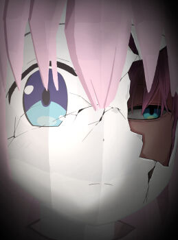  1girl blue_eyes bocchi_the_rock! broken_mask cracked_kawaii_mask cracked_mask expressionless gotoh_hitori hair_between_eyes highres long_hair looking_to_the_side low_poly mask pink_hair portrait tenten_(chan4545) 