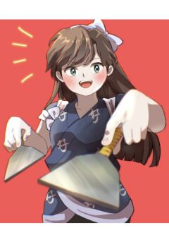  1girl :d bow brown_hair commentary_request green_eyes hair_bow holding holding_spatula japanese_clothes kuonji_ukyou long_hair open_mouth pale_skin protected_link ranma_1/2 red_background smile spatula tokito_rk upper_body 