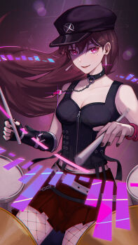  1girl bang_dream! bang_dream!_it's_mygo!!!!! black_choker black_nails black_tank_top breasts brown_hair chinese_commentary choker cleavage commentary_request commission dango_remi drumsticks fishnet_pantyhose fishnets floating_hair hair_between_eyes highres holding holding_drumsticks instrument jewelry long_hair looking_at_viewer medium_breasts music nail_polish necklace pantyhose parted_lips playing_drums playing_instrument pleated_skirt purple_eyes red_skirt second-party_source shiina_taki skirt solo tank_top 