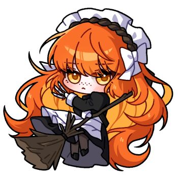  1girl :< apron black_shoes blush bow broom brown_pantyhose closed_mouth freckles hair_bow holding holding_broom holding_knife ishmael_(project_moon) knife limbus_company long_hair maid maid_apron maid_headdress nhom_(woogi) orange_eyes orange_hair pantyhose project_moon shoes simple_background solo very_long_hair white_background white_bow wuthering_heights_(identity)_(project_moon) 