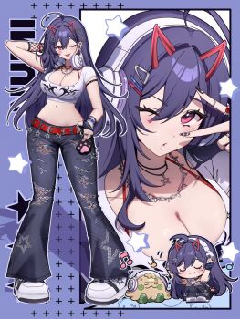  1girl ;p ahoge akuma_nihmune arm_behind_head belt black_nails black_pants breasts character_name cleavage closed_eyes closed_mouth commentary english_commentary facial_mark fake_horns fortissimo gen_3_pokemon hair_ornament hairclip hairpin headphones headphones_around_neck heart heart_facial_mark highres horns ichiko_1234 indie_virtual_youtuber jewelry long_hair mole mole_under_eye musical_note musical_note_hair_ornament necklace nintendo one_eye_closed pants pink_eyes pokemon purple_hair red_belt shoes shroomish star_(symbol) star_hair_ornament star_necklace stomach tongue tongue_out torn_clothes torn_pants v v_over_eye white_shoes 