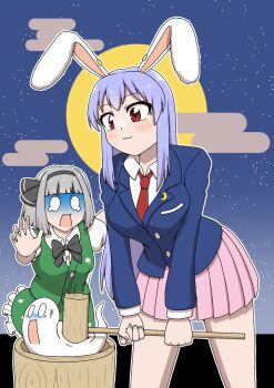  2girls :3 animal_ears bejinoshunta black_bow black_bowtie black_hairband black_ribbon blazer blue_jacket blush bob_cut bow bow_hairband bowtie breasts buttons collared_shirt cowboy_shot crescent crescent_pin frilled_skirt frills green_skirt green_vest grey_hair hair_ribbon hairband highres hitodama_print holding jacket kine konpaku_youmu konpaku_youmu_(ghost) light_purple_hair long_hair long_sleeves mallet medium_breasts mochitsuki moon moon_rabbit multiple_girls necktie night open_mouth outdoors outstretched_hand panicking pink_skirt pleated_skirt puffy_short_sleeves puffy_sleeves purple_hair rabbit_ears rabbit_girl red_eyes red_necktie reisen_udongein_inaba ribbon scared shirt short_hair short_sleeves skirt sky smile star_(sky) touhou usagi_kine vest white_shirt 