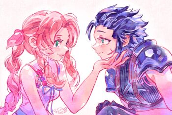  1boy 1girl aerith_gainsborough armor bare_shoulders black_gloves black_hair blue_eyes blush braid braided_ponytail brown_hair cataoshi closed_mouth commentary couple crisis_core:_final_fantasy_vii cross_scar dress drill_hair english_commentary facial_scar final_fantasy final_fantasy_vii from_side gloves green_eyes hair_ribbon hand_on_another's_chin hetero highres long_hair looking_at_another parted_bangs parted_lips pink_ribbon ponytail profile ribbed_sweater ribbon scar scar_on_cheek scar_on_face shoulder_armor signature simple_background sleeveless sleeveless_turtleneck smile spiked_hair sweater turtleneck turtleneck_sweater upper_body white_dress zack_fair 