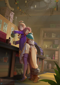 1boy 1girl 2020 age_difference bartolomeobari breasts breasts_out brown_eyes brown_hair closed_eyes clothed_sex clothes_lift clothes_pull cup dress dress_lift drooling flask full_body height_difference hetero hug hug_from_behind indoors kono_subarashii_sekai_ni_shukufuku_wo! large_breasts long_hair looking_back multitasking nipples open_mouth panties pants pants_pull panty_pull penis pouring purple_thighhighs satou_kazuma sex sex_from_behind short_hair smile standing standing_sex tall_female teapot teenage_girl_and_younger_boy thighhighs tiptoes uncensored underwear volumetric_flask wiz_(konosuba) rating:Explicit score:2942 user:danbooru