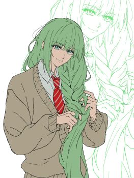  1other absurdres androgynous braiding_hair enkidu_(fate) fate/strange_fake fate_(series) green_eyes green_hair hairdressing hashtag-only_commentary highres jeongbae22 long_hair necktie other_focus shirt smile solo sweater upper_body white_background zoom_layer 