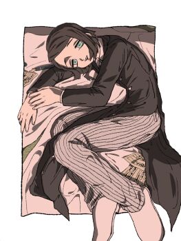  1boy :d alternate_hair_color aqua_eyes asymmetrical_bangs bed_sheet black_hair black_jacket border buttons coattails commentary_request enmu_(kimetsu_no_yaiba) fingernails full_body grey_pants highres jacket kimetsu_no_yaiba light_persona long_sleeves looking_at_viewer lying male_focus medium_hair multicolored_hair nib_pen_(object) on_bed on_side open_mouth outside_border own_hands_together pants paper pen pinstripe_pants pinstripe_pattern shoes smile solo suit_jacket symbol-shaped_pupils tailcoat teeth trap tsubame_(lo_1101) undershirt upper_teeth_only variant_set white_border white_shoes 