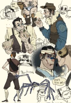  6+boys bandaged_head bandages bandaid bandaid_on_face black_hair blood blood_on_face blu_medic_(tf2) blu_sniper_(tf2) blu_spy_(tf2) boots briefs brown_hair bucket cigarette crazy_dave_(plants_vs._zombies) crossover demoman_(tf2) eating facial_hair food gloves hat headset heavy_(tf2) highres japanese_spider_crab knee_pads lab_coat leg_hair long_sleeves male_focus male_underwear medic_(tf2) meme monsters_inc. multiple_boys musk8r no_eyewear parody plants_vs._zombies pyro_(tf2) red_medic_(tf2) red_scout_(tf2) sandvich sandwich scout_(tf2) shaded_face sitting sketch smoking sniper_(tf2) spy_(tf2) spycrab_(meme) staring stubble team_fortress_2 turtle underwear vest 