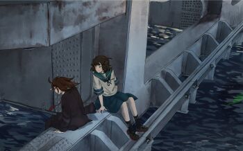  2girls black_hair black_skirt black_socks blue_sailor_collar blue_skirt brown_hair commentary_request dated highres kantai_collection kuragare long_sleeves medium_hair miyuki_(kancolle) multiple_girls pleated_skirt sailor_collar school_uniform serafuku shoes short_sleeves sitting skirt socks wakaba_(kancolle) water 