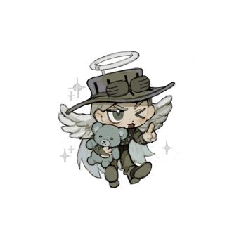 >_o 1boy :3 brown_pants brown_shoes chibi chibi_only fake_halo full_body grey_eyes gyro_zeppeli halo hat highres jojo_no_kimyou_na_bouken long_hair neg_50asu one_eye_closed open_mouth pants ringed_eyes shoes solo steel_ball_run stuffed_animal stuffed_toy teddy_bear white_wings wings 
